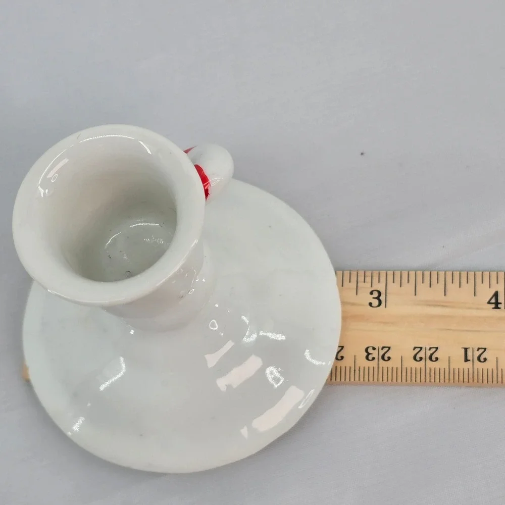 Vintage Christmas Ceramic Candle Holders Pair Holly Berry Candy Cane White 3in